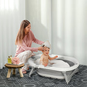 HOMCOM Foldable Baby Bathtub Set, Collapsible Bath Tub with Thermostatic Water Plug, Non-Slip Support, Cushion Pad, Drain Plugs, for Newborn to 3 Years - Offwhite image 2