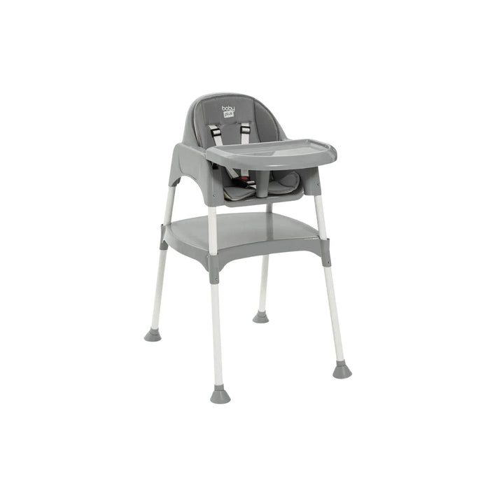 Grey baby high chair with padded seat, safety straps, and removable tray
