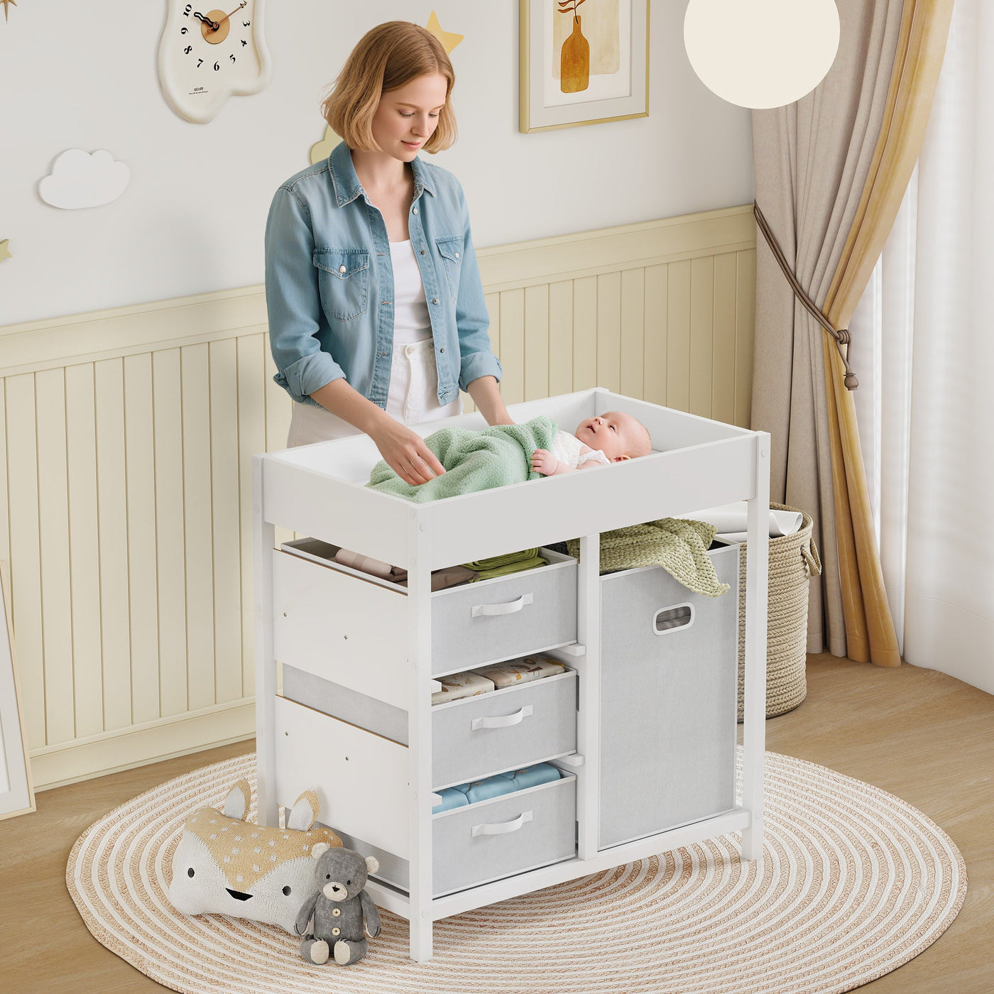 AIYAPLAY Baby Changing Unit with 4 Storage Drawers & Changing Mat – White