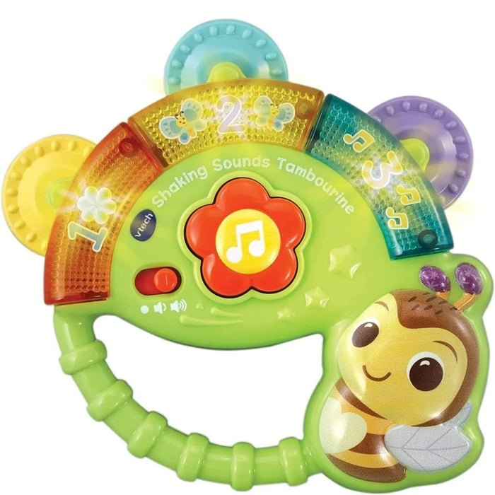 Green shaking sounds tambourine toy with dog face, colorful buttons, and beads