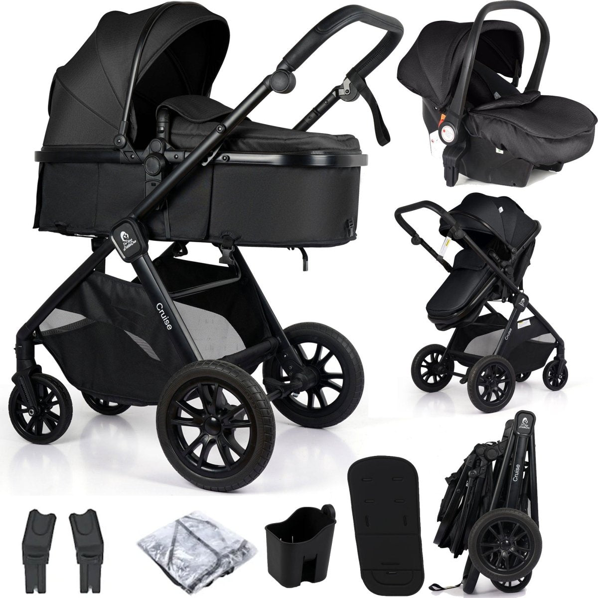 Cruise 3 In 1 Travel System With i-Size Car Seat - Eclipse Black (Free Cupholder / Seat Liner Included!)