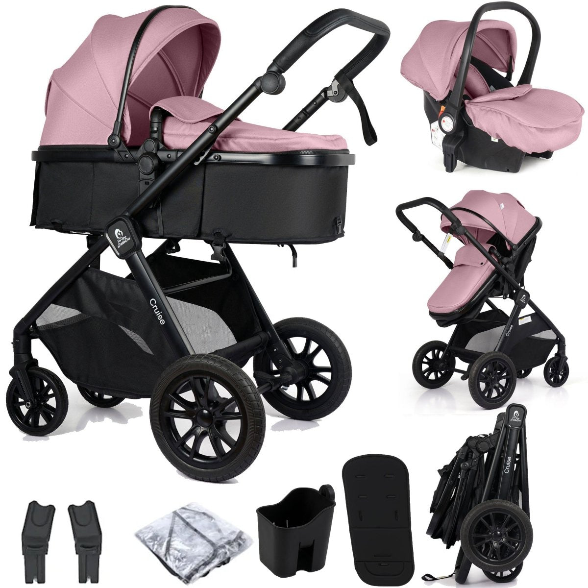 Cruise 3 In 1 Travel System With i-Size Car Seat - Blush Rose (Free Cupholder And Seat Liner Included!)