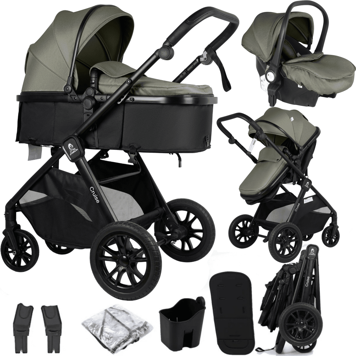 Cruise 3 In 1 Travel System With i-Size Car Seat - Pebble Sage (Free Cupholder And Seat Liner Included!)