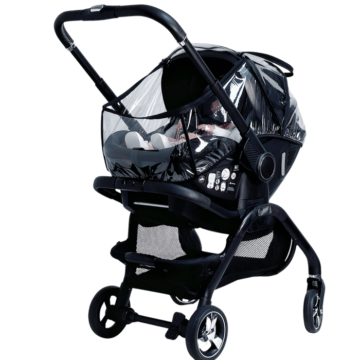 Clear plastic car seat raincover with black frame on stroller