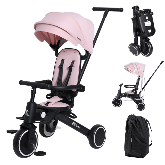 Pastel pink stroller trike with black frame, canopy, and 3-wheel design