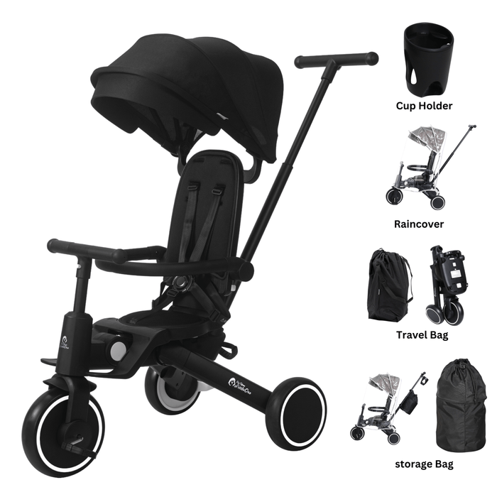 Foldable 6-in-1 trike stroller with large canopy and cup holder, jet black frame