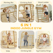 AIYAPLAY 6 in 1 Kids Climbing Frame with Slide, Monkey Bars, Gymnastics Rings, Ladder, Climbing Net, for 3-6 Years, Natural Tone image 3