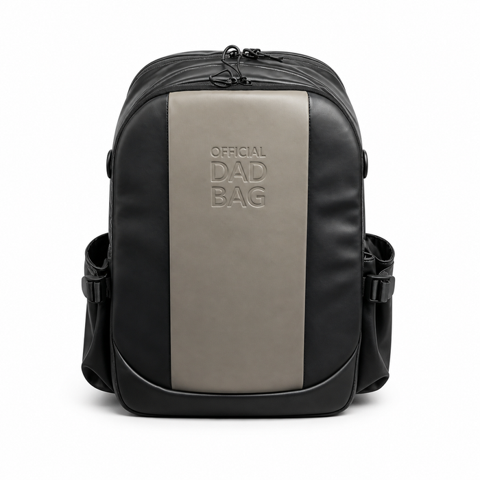 Black dad bag backpack with gray vertical front panel and 'OFFICIAL DAD BAG' text