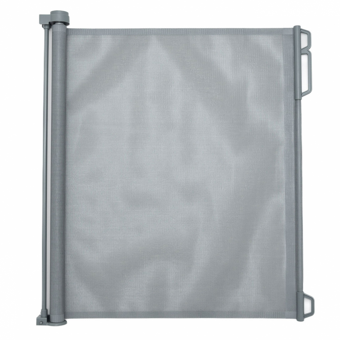 Grey retractable stair safety gate with mesh panel and side mounting posts.