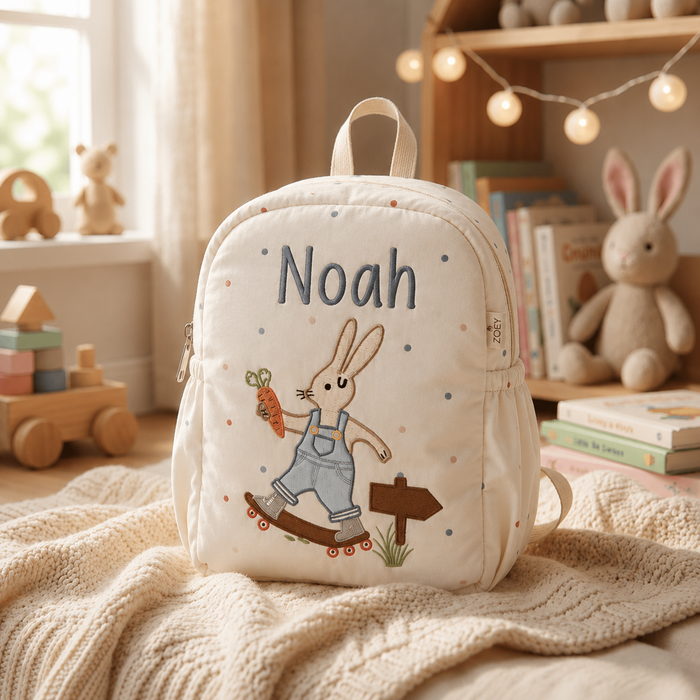 Kids cream canvas backpack with Noah name patch and embroidered bunny on roller skates