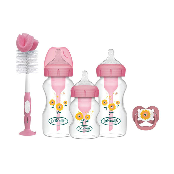 Pink baby bottle gift set with three bottles, vented lid, and pacifier