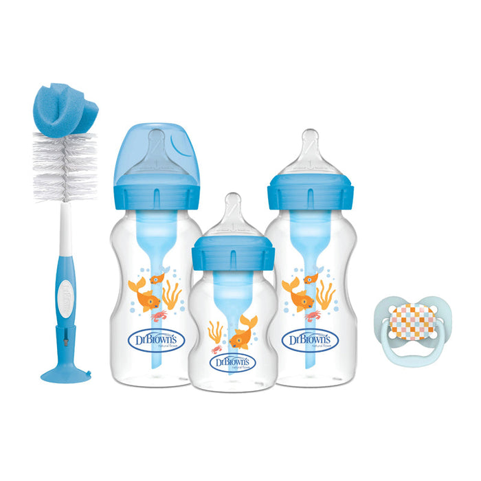 Blue anti-colic baby bottle gift set with brush and three matching bottles