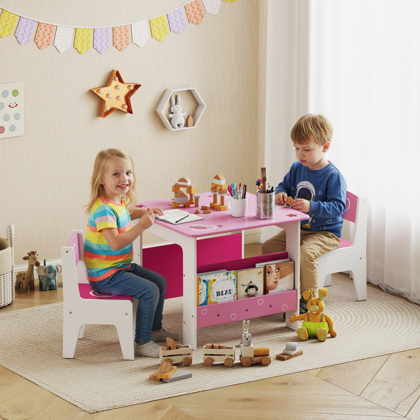 AIYAPLAY Kids Table & Chair Set with Bookshelves – Pink