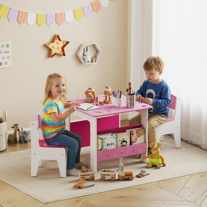 AIYAPLAY Kids Table & Chair Set with Bookshelves – Pink