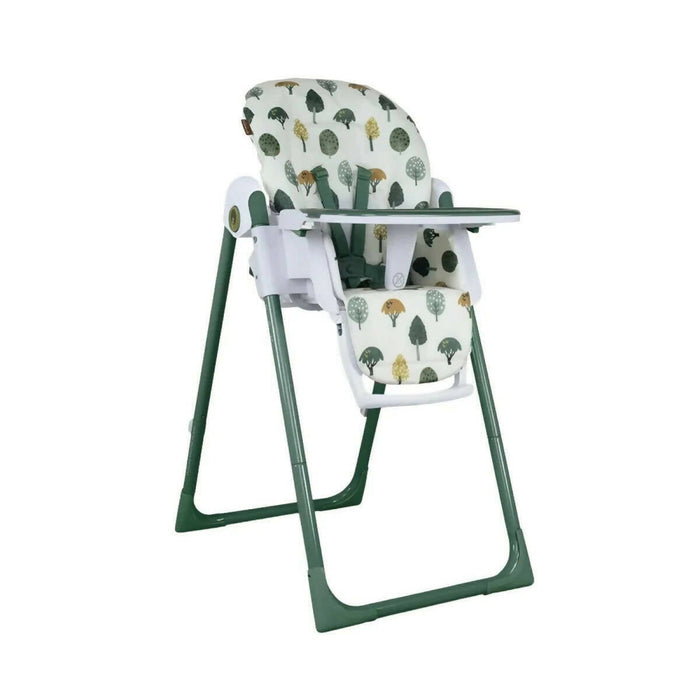 Baby highchair with animal-print seat cushion, white tray, and green frame legs