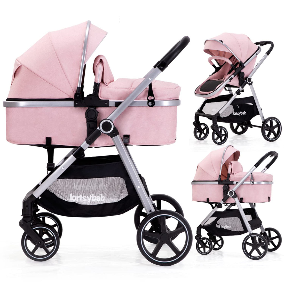 LORTSYBAB 2-in-1 Baby Stroller with Reversible Seat – Folding Pram for 0-36 Months (Pink)