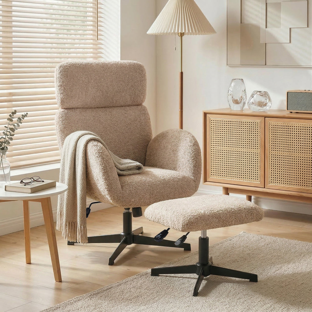 HOMCOM Swivel Rocking Armchair with Footstool – Adjustable Velvet Accent Chair