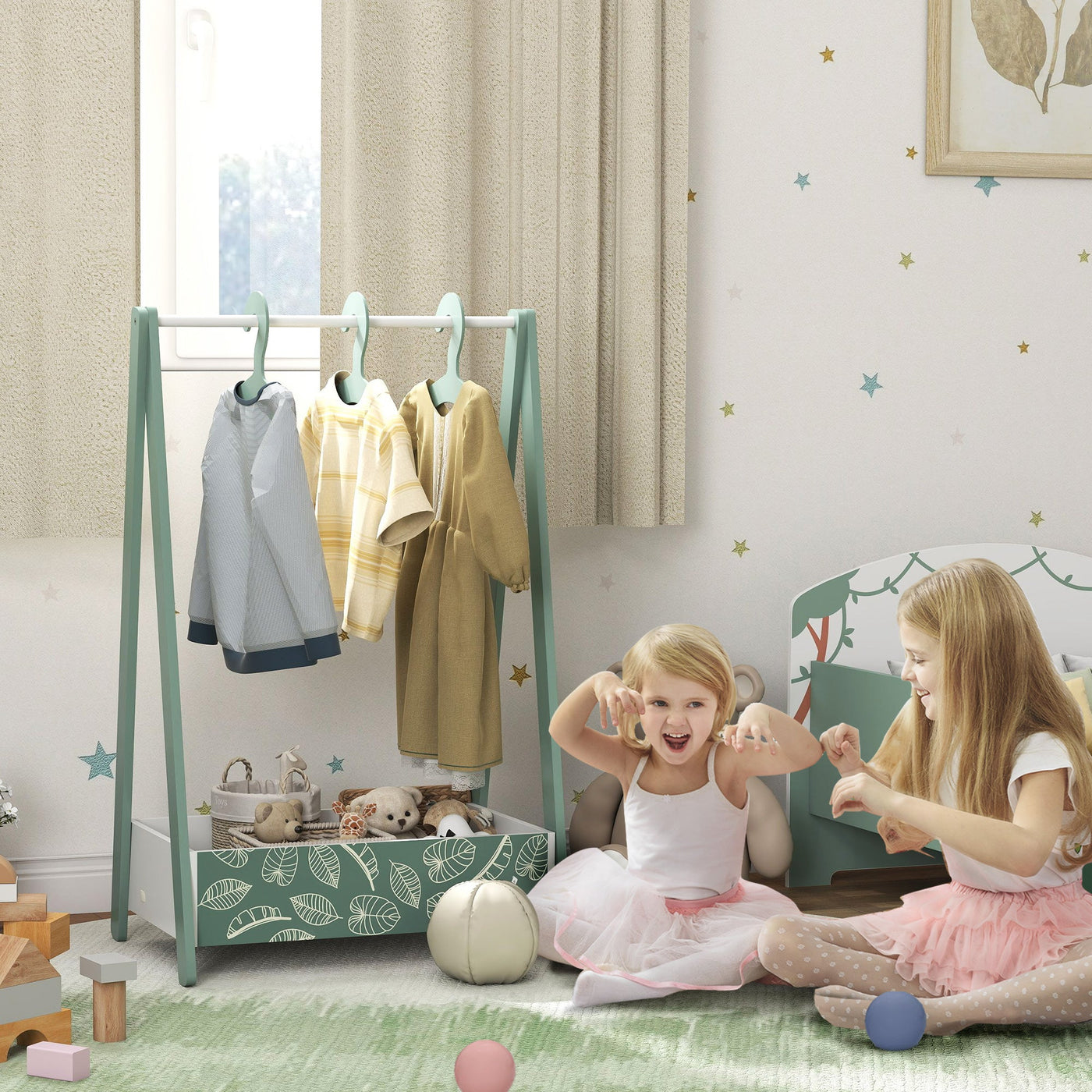 AIYAPLAY Children's Clothing Rack with Storage Shelf – Green