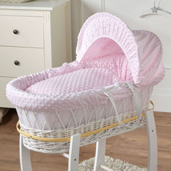 Pink Dimple White Wicker Baby Moses Basket With Stand