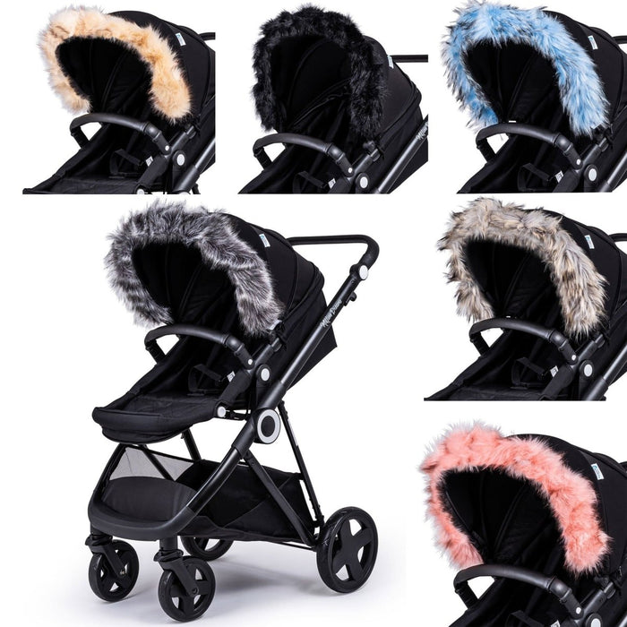 Fur pram hood trim attachment in multiple colors: beige, dark grey, light grey, blue, pink