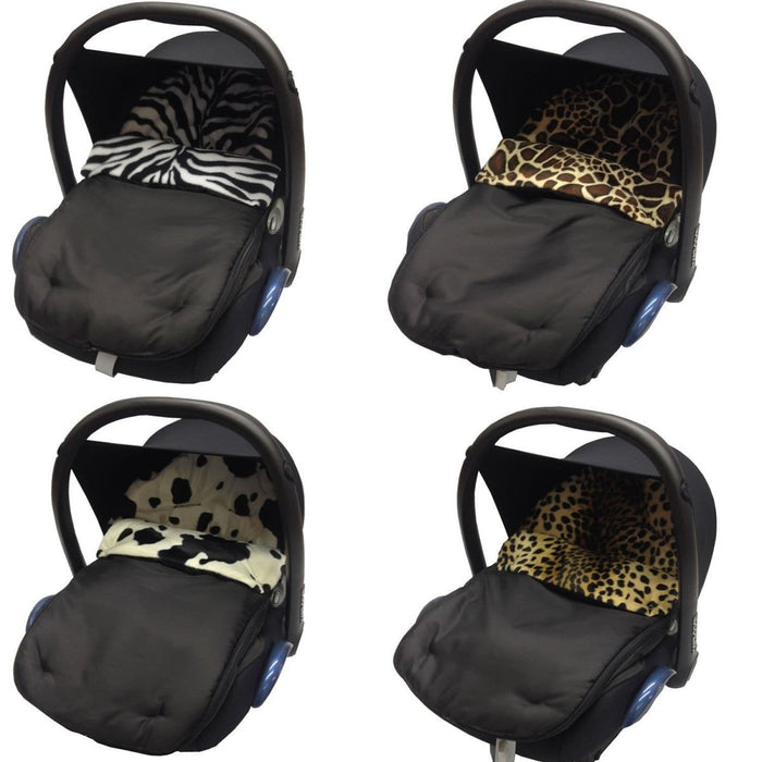 Animal print car seat footmuff with black shell, showing zebra, tiger, and leopard designs