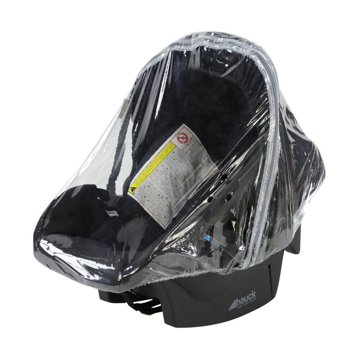 Black car seat raincover with clear plastic sides and hood over the seat