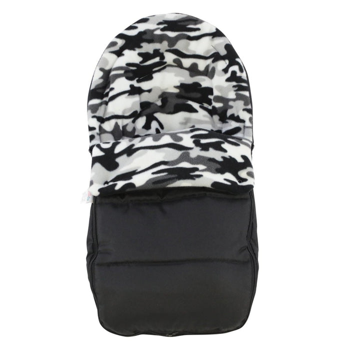Fleece car seat footmuff with black base and white/black camouflage top
