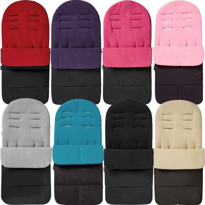 Two-tone universal pushchair footmuff with padded hood, red top and black base.