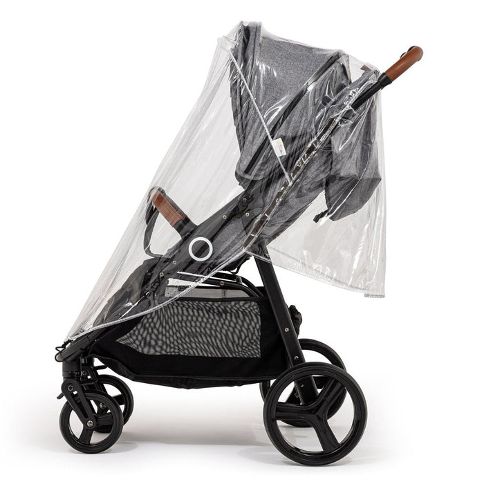 Universal rain cover for buggy with clear plastic canopy and black stroller frame