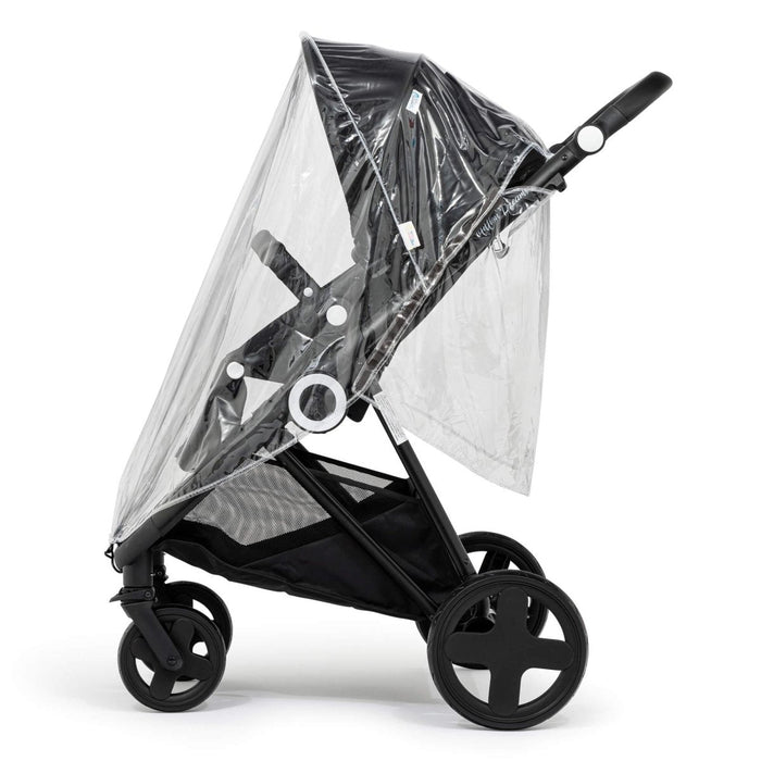 Universal stroller rain cover in clear plastic with black side paneling