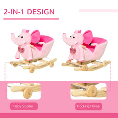 HOMCOM 2-in-1 Elephant Rocking Toy with Wheels – Pink