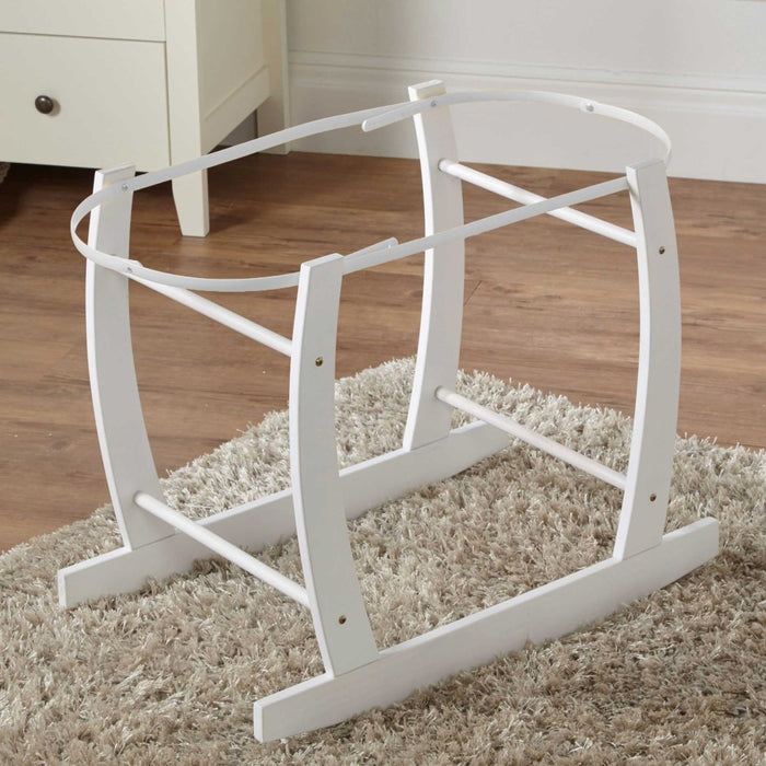 White rocking stand with curved base rails and open lattice frame for Moses basket