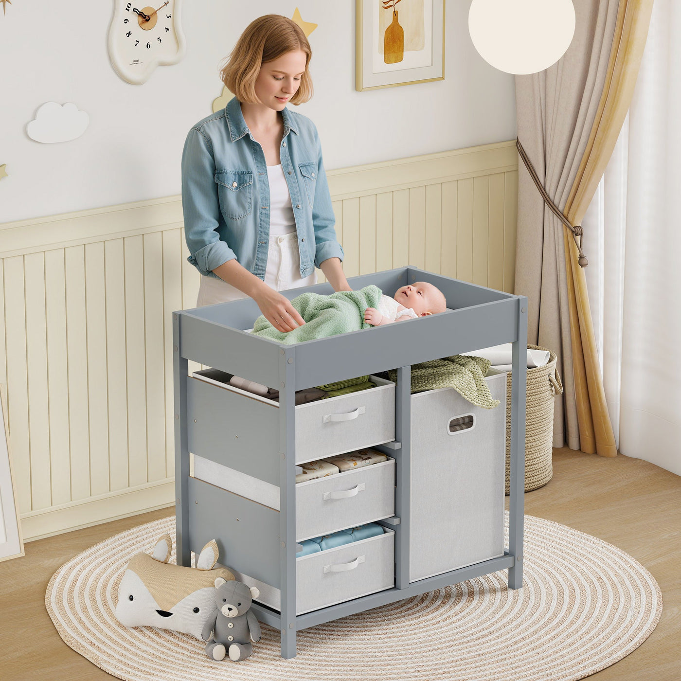 AIYAPLAY Baby Changing Unit with 4 Storage Drawers & Changing Mat – Grey