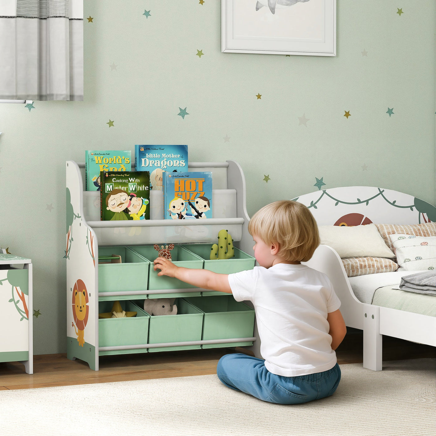 AIYAPLAY Kids Toy Storage Unit with Book Rack – Green