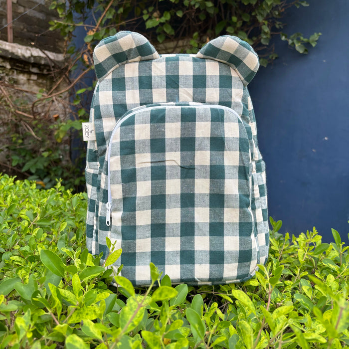 Kids green and white check plaid backpack with top handles and zip front pocket