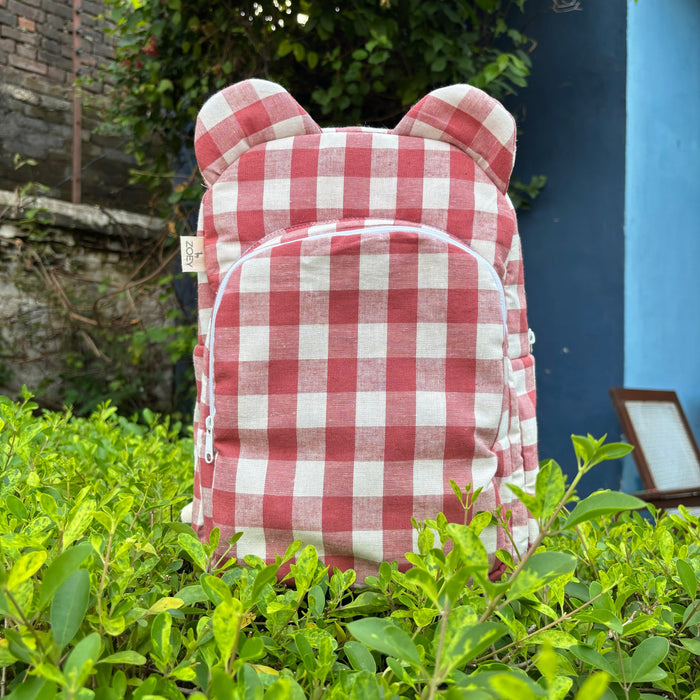Kids gingham backpack with bear-ear hood and front pocket, red and white checkered
