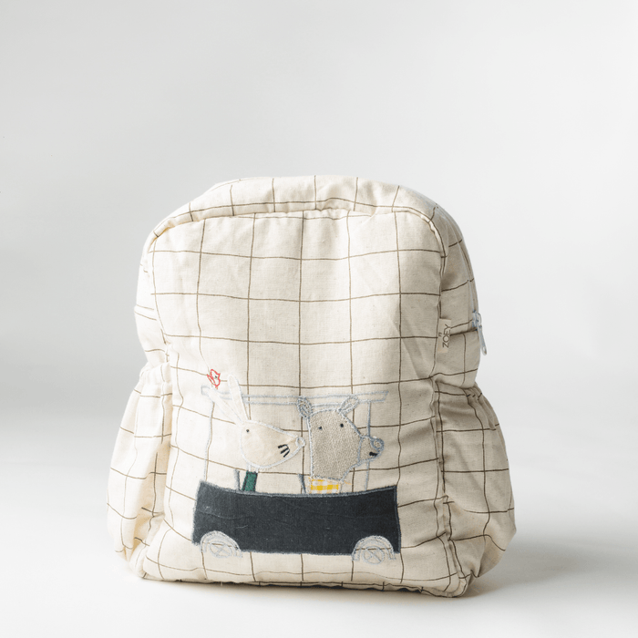 Kids backpack in off-white grid fabric, embroidered animal bus and front zipper pocket