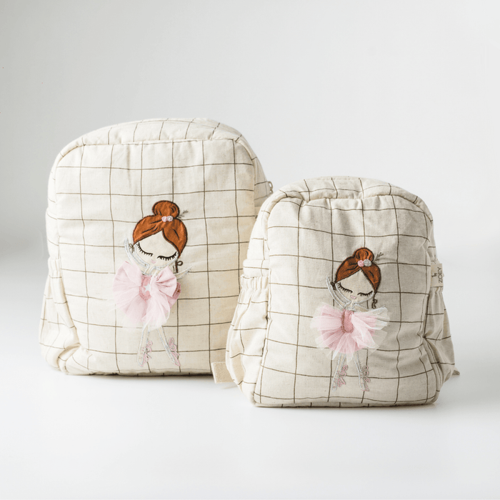 Kids backpack with ballerina applique, pink tulle bow on cream grid fabric