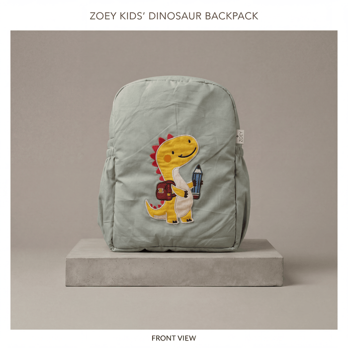 Kids light sage backpack with dinosaur applique on the front pocket
