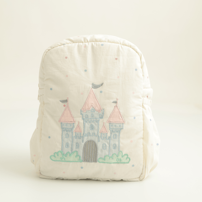 Kids fabric backpack in off-white with embroidered castle front and rounded bottom