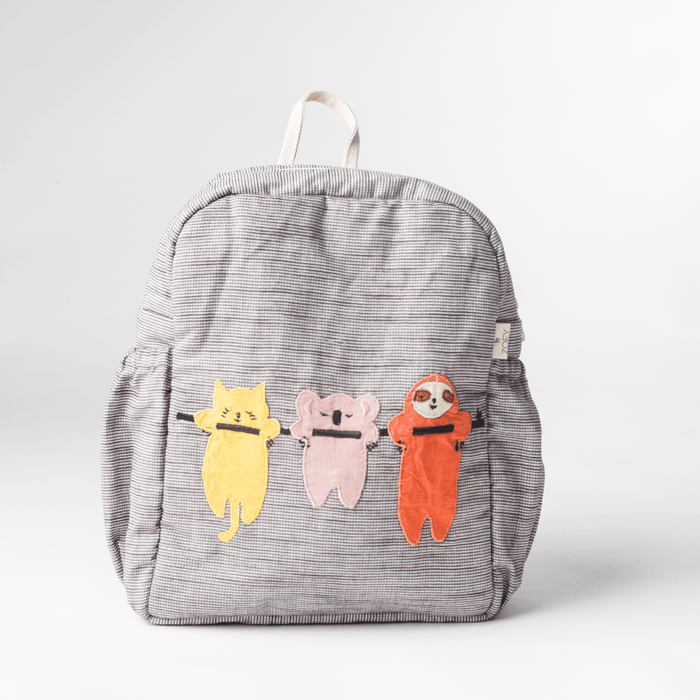 Kids gray striped backpack with three embroidered animal pals on the front pocket