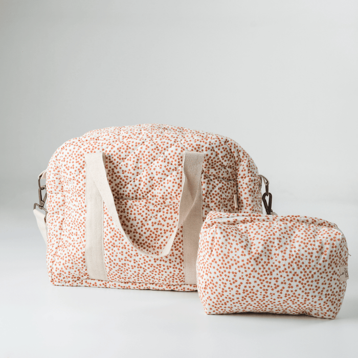Quilted nappy bag, orange speckle print, zip top, tote handles; with pouch